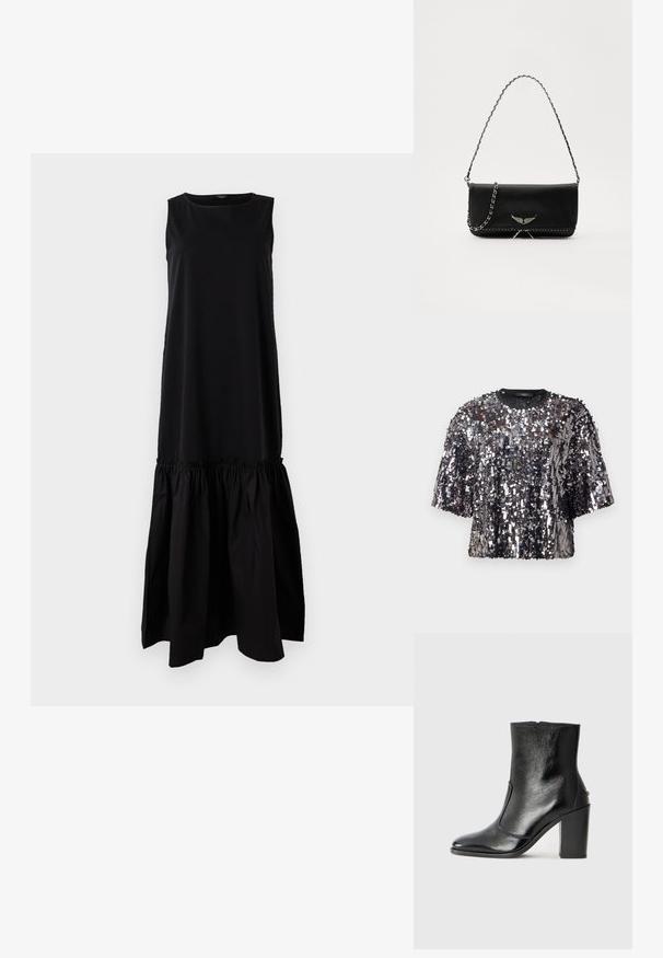 Mustaton hihaton mekko, jossa on tiukka yläosa ja levenevä, kerätty alaosa. Valmistettu pehmeästä kankaasta, jossa on pyöreä kaula-aukko ja polven puoliväliin ulottuva pituus.; Lyhythihainen paita, joka on valmistettu mustasta ja hopeisesta paljettikankaasta, jossa on pyöreä kaula-aukko ja löysä mallina. Heijastava pinta, jossa on teksturoitu ilme.; Mustat nahka ankle bootit, joissa on sileä pinta, terävä kärki ja paksu korkea korko. Sivusaumassa on avaus ja muuten yksinkertainen muotoilu.; Musta nahkalaukku, jossa on hopeaketjuolkaimet, koristelu siipiyksityiskohdilla ja valkoisella ommellulla sauman alareunassa.