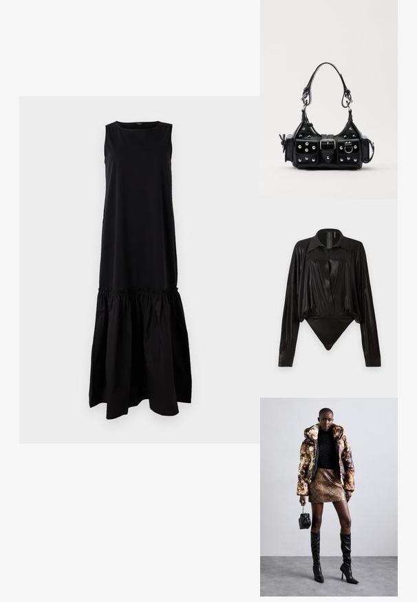 Black sleeveless dress with a fitted top and a flared, gathered bottom. Made from soft fabric, features a round neckline and mid-calf length.; Black bodysuit with long sleeves, V-neck, and a fitted silhouette. Made of shiny, smooth fabric with a structured collar and cuffs.; Puffer jacket with a brown and black pattern, paired with a brown snake print mini skirt, black knee-high boots, and a small black bag.; Black leather handbag with a curved design, featuring silver studs, a buckle, and two side pockets. Adjustable strap for carrying options.