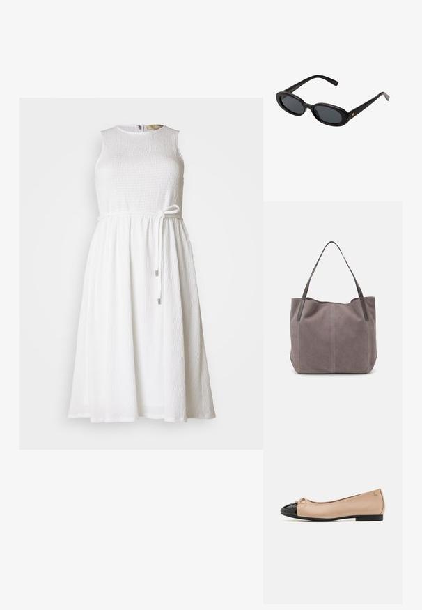 Fehér, ujjatlan ruha textúrált anyagból, sima, kerek nyakkal és állítható derékpánttal, fém díszítésekkel.; Bézs selyem felsőrésszel készült ballet cipők, fekete lakkbőr orr résszel, elöl kis masnival, és alacsony fekete sarokkal.; Fekete, oversize napszemüveg ovális lencsékkel, sima műanyag kerettel és arany részletekkel a fülpánton. Sötét lencséi védelmet nyújtanak a napfény ellen.; Szürke velúr válltáska két sötét bőrből készült füllel. Oldalán steppelt részletekkel, puha textúrával és tágas nyílással rendelkezik.