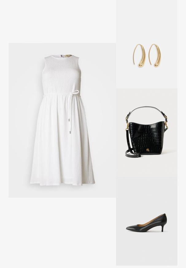 Rochie albă fără mâneci, dintr-un material texturat, cu un decolteu rotund neted și o curea ajustabilă la talie, cu accente metalice.; Pantofii din piele neagră au vârful ascuțit, toc mic și o textură netedă. Au o deschidere ușoară în față și un hardware minim în spate.; Geantă din piele cu embossare croc neagră, cu o formă curbată, accente din metal aurit, curea ajustabilă și un detaliu cu logo în față.; Cercei din metal auriu, cu un design curbat și alungit. Au o suprafață netedă și strălucitoare, cu un vârf rotunjit pentru un detaliu suplimentar.