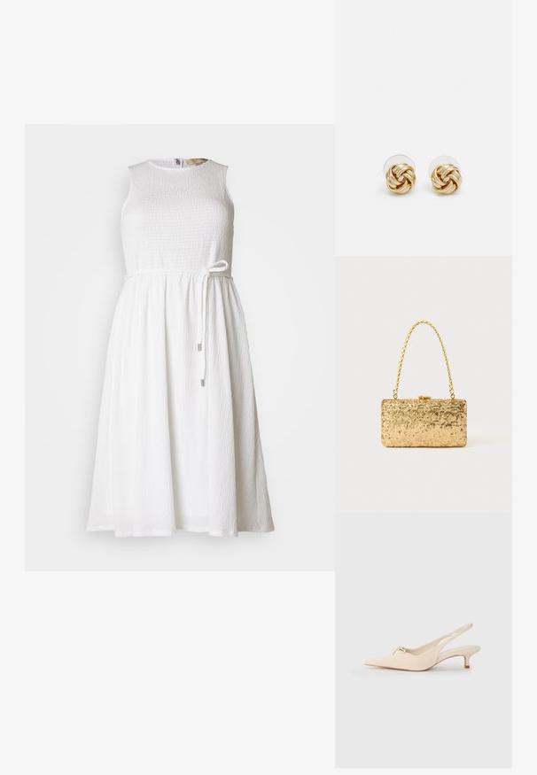 Biely bezramienkový šaty s textúrovanou tkaninou, hladkým okrúhlym výstrihom a nastaviteľným pásom s kovovými akcentami.; Súkne s pootočeným prstom v off-white koži, s malou mašľou a nízkym kitten podpätkom. Hladká textúra, minimalistický dizajn.; Zlatá flitrová listová taška s obdĺžnikovým tvarom, vybavená skrúteným reťazovým držadlom a kovovým uzatváraním, odrážajúca svetlo s textúrovaným povrchom.; Náušnice s uzlom v zlatej farbe s prekrúteným dizajnom. Každá náušnica má kruhové priehľadné pozadie pre bezpečné nosenie.