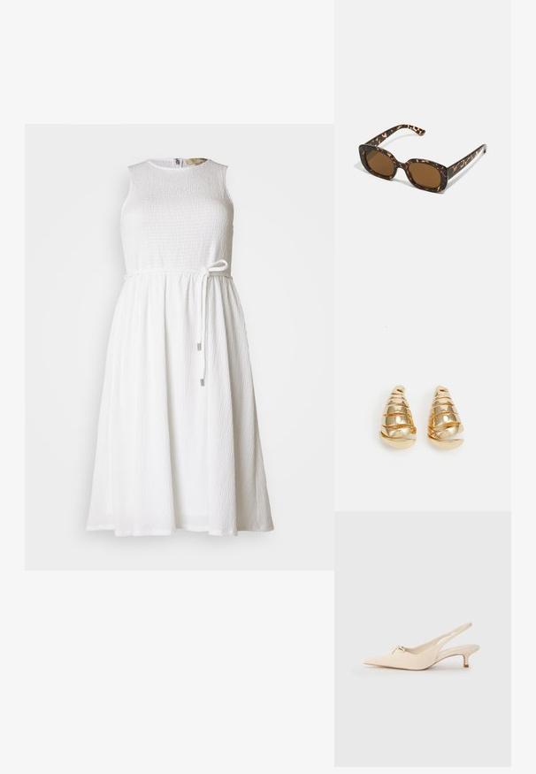 Bijela haljina bez rukava od teksturirane tkanine, s glatkim okruglim izrezom i podesivim vezivanjem u struku s metalnim dekoracijama.; Cipele s povučenom petom i uskim nosom u boji off-white, s malim detaljem mašne i niskom potpeticom. Glatka tekstura, minimalistički dizajn.; Tortoiseshell naočale s okvirima u obliku kruga i debelom konstrukcijom, te smešnim lećama. Imaju suptilne uzorke i ravne, sužene nogice.; Naušnice zlatne boje u obliku izduženih konusa s spiralnim detaljima. Glatka površina s refleksivnim završetkom, s zakrivljenim akcentima.