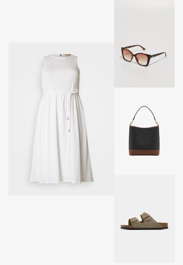Bílé bezramínkové šaty s texturovanou tkaninou, hladkým kulatým výstřihem a nastavovací tkanicí v pase se metalickými detaily.; Světlé taupe semifinálové sandály s dvěma nastavitelnými pásky a hardwarem v růžovém zlatě. Korek vyplněná stélka na texturované hnědé podrážce. Design s otevřenou špičkou.; Želvovinové sluneční brýle s nadměrnými čtvercovými čočkami, gradientním hnědým zbarvením a elegantními, lesklými rameny s jemnými kovovými akcenty.; Černá a hnědá kabelka s vzorovaným designem a strukturovaným tvarem, s hladkým koženým dnem a horním držadlem se zlatými kovovými detaily.