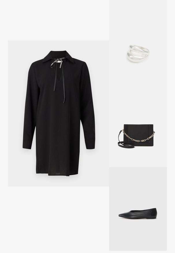 Schwarzes Langarmkleid mit Kragen, das einen Schlüsselloch-Ausschnitt und eine Schleifenverzierung aufweist. Glattes Material mit geradem Schnitt und seitlichen Schlitzen.; Schwarze Leder-Balletschuhe, spitze Zehenform, minimalistische Gestaltung, glatte Textur, niedriger Absatz, keine sichtbaren Beschläge oder Verzierungen.; Schwarze Leder-Crossbody-Tasche mit glatter Textur, rechteckiger Form und metallic-kettendetail auf der Vorderseite. Verstellbarer Gurt inklusive.; Silberner Doppelring mit einer glatten, polierten Oberfläche. Verfügt über ein fließendes, kurviges Design mit überlappenden Abschnitten für einen modernen Look.