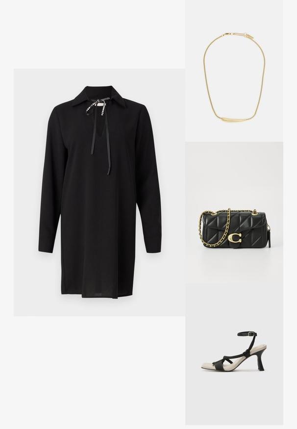 Rochie neagră cu mâneci lungi și guler, având un decolteu tip cheie și accente cu fundiță. Material neted cu o croială dreaptă și slituri laterale.; Sandal cu toc negru, cu design de curea împletită, vârf pătrat și curea de gleznă ajustabilă. Tălpică de un bej deschis și toc negru lucios.; Poșeta neagră din piele matlasată cu o curea din lanț auriu și un închizător cu toggle care are un accent circular. Formă compactă și rectangulară.; Colier placat cu aur, cu un accent central neted și curbat. Dispune de o chaină flexibilă cu un închizător tip homar și link-uri suplimentare ajustabile.