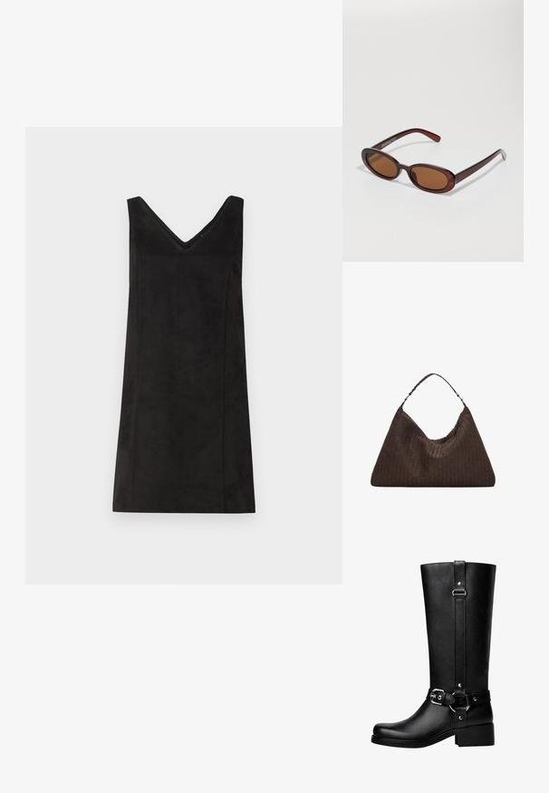 Svart ärmlös klänning med V-ringning, tillverkad av ett mjukt material, med en rak passform och minimal detaljering. Slät textur.; Höga svarta låtsasläderstövlar med rund tå, accentdetalj i form av spänne och en kraftig klack. Slät textur och vertikal söm på skaftet.; Runda, bruntonade solglasögon med en glansig bordeauxfärgad ram. Smala bågar med subtilt varumärkesdetalj. Platt linsdesign.; Brun vävd läderhandväska med en slapp, triangulär form. Har ett flätat handtag och en dragkedjestängning längs toppen.