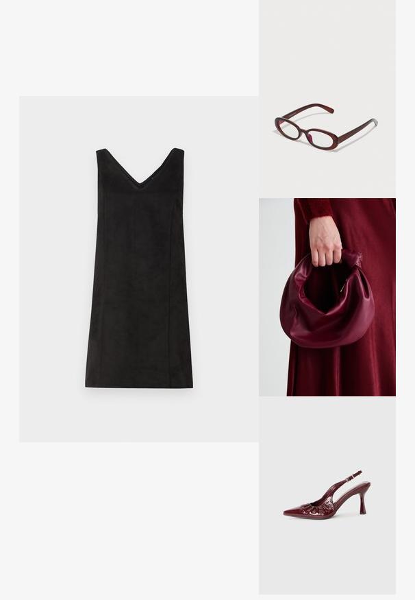 Crna haljina bez rukava s V-izrezom, izrađena od mekog materijala, s ravnim krojem i minimalnim detaljima. Glatka tekstura.; Burgundske patent kožne sandale s remenčićem, s uskim vrhom i naboranim detaljima, koje imaju tanki potplat i podesivi remen za oko gležnja.; Naočale u obliku ovala crvene boje s prozirnim staklima i elegantnim smeškim okvirom. Dizajn se odlikuje suptilnim zakrivljenjima i minimalnim hardverom.; Bordo kožni ruksač s mekim, naboranim dizajnom i zaobljenim oblikom. Ručka je sigurno pričvršćena, pokazujući glatku teksturu.