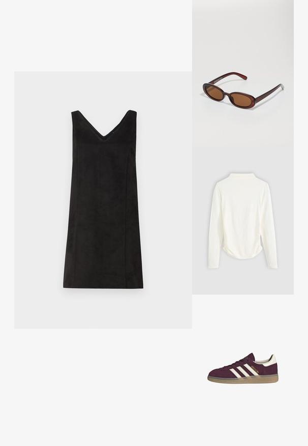 Musta hihaton mekko V-päällä, valmistettu pehmeästä materiaalista, jossa on suora leikkaus ja minimaalinen yksityiskohtaisuus. Sileä pinta.; Pitkähihainen paita vaaleassa kankaassa, jossa on lievää kerääntymistä sivuilla ja klassinen kaulus. Sujuva rakenne, yksinkertainen muotoilu.; Viininpunaiset mokkasneakerit, joissa on valkoiset kolme raitaa ja vaaleanbeigeä yksityiskohtia. Varustettu teksturoitulla kumipohjalla ja kultaisella brändäyksellä sivussa.; Pyöreät, ruskehtavat aurinkolasit, joissa on kiiltävä burgundinpunainen runko. Kapeat sivut, joissa on hienovarainen brändäys. Litteät linssit.; Ruskean kudottu nahkainen käsilaukku, jolla on löysä, kolmiomainen muoto. Varustettu punotulla kahvalla ja vetoketjukiinnityksellä ylhäällä.