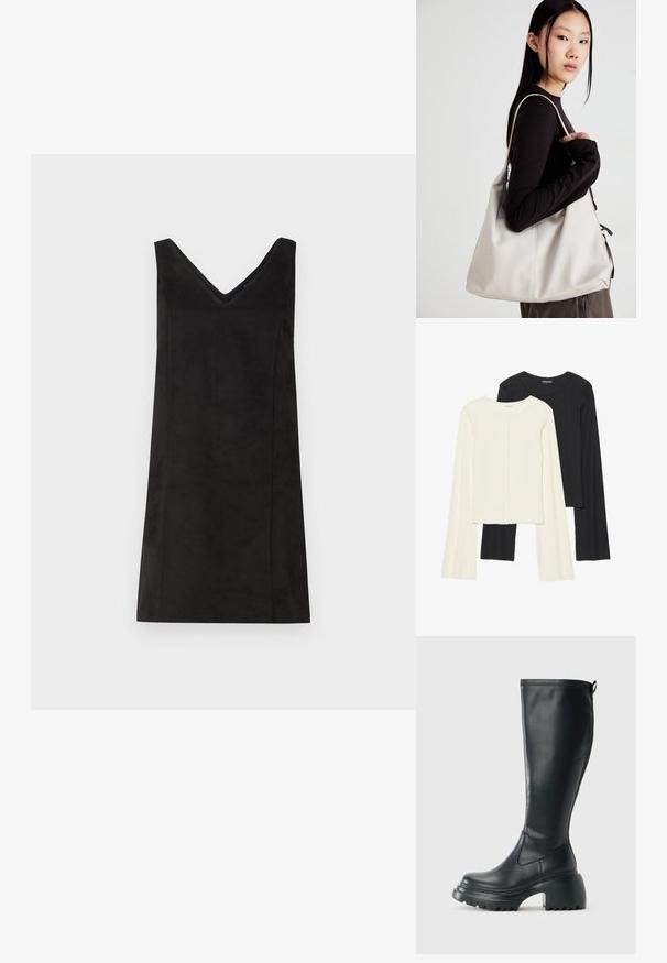 Melna bezdiega kleita ar V-veida kakla izgriezumu, izgatavota no mīkstas auduma, ar taisnu piegriezumu un minimālu detaļu skaitu. Gluda tekstūra.; Divu garo piedurkņu tops komplekts baltā un melnā krāsā. Ribota tekstūra, apaļš kakls, pieguļoša dizaina ar nedaudz izplestām piedurknēm.; Augstas melnas ādas zābakus ar masīvu platformu un bloka papēdi, ar vilkšanas cilpu un strukturētu profilu uz ārējā zoles.; Bežs rokassoma, izgatavota no mīksta materiāla, ar brīvu dizainu, izšūtu apdari un divām plecu siksnām. Piemērota ikdienas lietošanai.