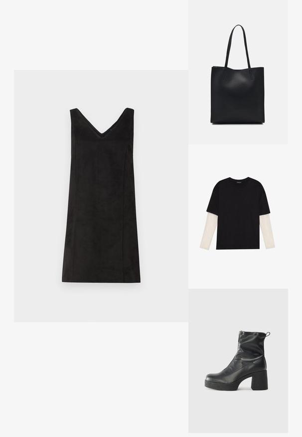 Vestido preto sem mangas com decote em V, feito de um material suave, apresentando um corte reto e detalhes mínimos. Textura lisa.; T-shirt preta de algodão, com mangas curtas sobre uma camada de mangas longas branca com um padrão texturizado subtil. Design de decote redondo.; Botas de tornozelo pretas feitas de couro liso, com fecho lateral, salto grosso texturizado e design de bico arredondado.; Bolsa tote preta em couro com textura lisa, forma retangular e duas alças longas. Sem hardware ou enfeites visíveis.