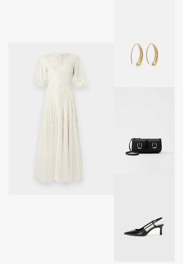 Witte maxi-jurk met een V-hals, uitlopende doorschijnende mouwen, versierd met pailletten en een vloeiende, geplooide rok. Sluiting met ritssluiting aan de achterkant.; Zwart patent slingback hak met een spitse neus, voorzien van een gestructureerde slangenprint, verstelbare band en een korte, gestructureerde blokhak.; Zwarte leren schoudertas met twee vo pockets, gouden gespen, ritsluiting en een smalle band. Tekstuur oppervlak en compacte rechthoekige vorm.; Gouden metalen oorbellen in de vorm van een gebogen, verlengde hoop. Kenmerkend zijn het gladde, glanzende oppervlak en de afgeronde punt voor extra detail.