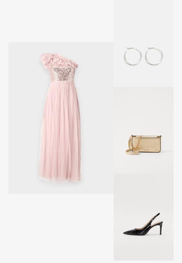One-shoulder dress with a sequined bodice, ruffled tulle accent, and a flowing pink skirt with polka dot texture, gathered waist.; Black patent leather slingback pump with pointed toe, slim heel, and a subtle cutout design. Features a gold buckle on the strap.; Metallic gold leather clutch with a textured finish, featuring a gold chain strap and a removable shoulder strap. Brand logo embossed.; Silver hoop earrings feature a smooth, rounded design with a thin profile and secure clasp. Minimalistic style with a polished finish.