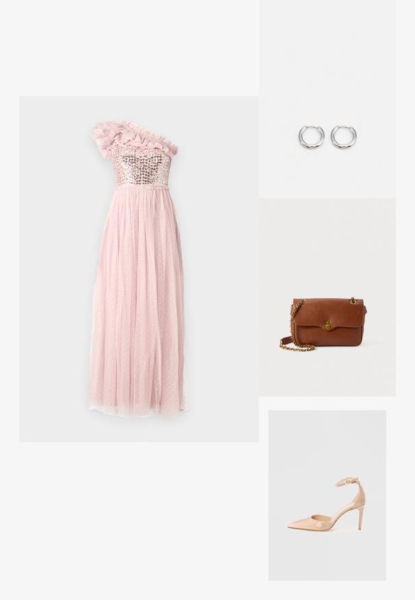 Robe à une épaule avec un corsage en sequins, accent en tulle froncé, et une jupe rose fluide avec une texture à pois et une taille froncée.; Chaussure à talon aiguille en cuir verni nude, avec une sangle de cheville et un bout pointu, présentant une texture lisse et un design minimaliste.; Sac en cuir marron à bandoulière avec une fermeture à rabat, quincaillerie dorée et une anse en chaîne. Texture lisse, forme rectangulaire, détails minimalistes.; Boucles d'oreilles en argent à finition polie, présentant une forme circulaire et une fermeture à charnière, mettant en avant un design épuré et minimaliste.