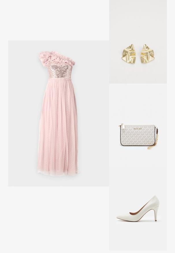One-shoulder dress with a sequined bodice, ruffled tulle accent, and a flowing pink skirt with polka dot texture, gathered waist.; White patent leather high-heeled shoe with a pointed toe and a smooth surface, featuring a slender heel and a low cut around the opening.; Michael Kors wristlet in beige coated canvas featuring a repeating MK logo pattern, gold hardware, and a detachable chain strap.; Gold metallic earrings with a wavy design; smooth, reflective surface; asymmetric shape; no visible patterns or hardware.