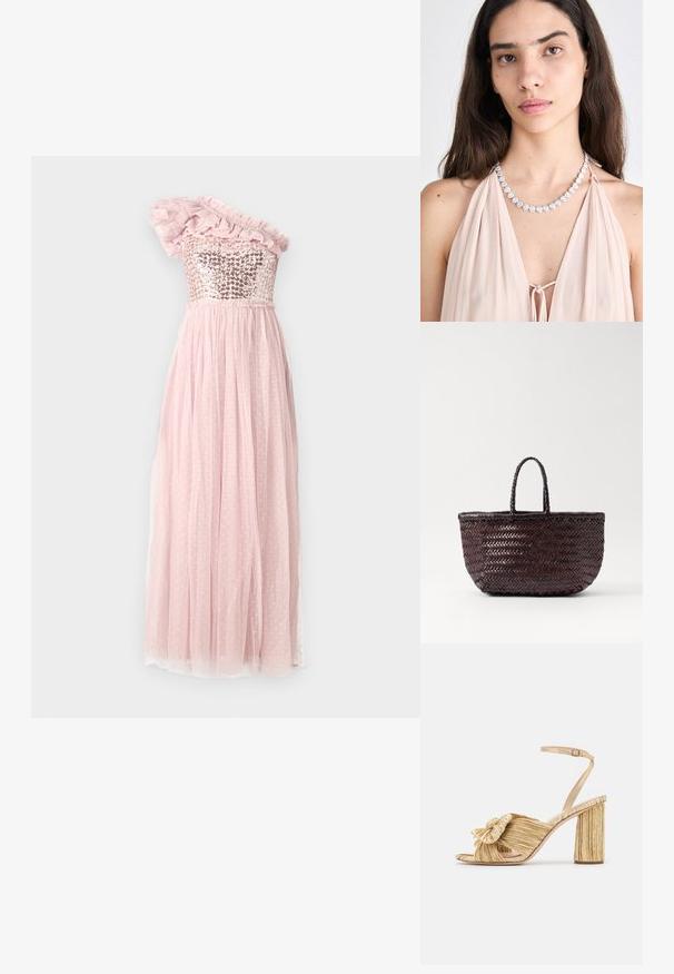 Eén-schouder jurk met een sequined lijfje, rimpelende tule accent en een vloeiende roze rok met stippenstructuur, gather taille.; Gouden sandalen met hakken, voorzien van een geknoopte voorkant, gegolfde textuur en een enkelriem. De blokhak heeft een ribbelontwerp, wat de grip verbetert.; DRAGON DIFFUSION BAMBOO TRIPLE JUMP SMALL - Handtas - dark brown; Zilveren hartvormige ketting met sprankelende stenen, gedragen over een lichtroze, gedrapeerd kledingstuk. Eenvoudig ontwerp met een veilige sluiting.