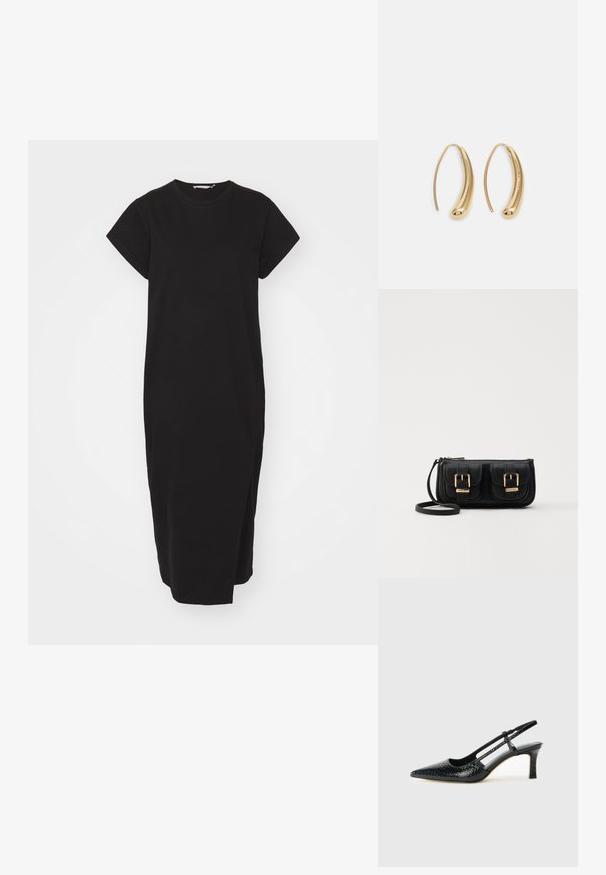 Svart bomullsdrakt med korte ermer, rund hals og rett silhuett. Har sidesplitter for bedre bevegelsesfrihet.; Sorte patent slingback hæl med spids tå, featuring tekstureret slangeskind, justerbar rem og en kort, tekstureret blokhæl.; Svart skinn crossbody veske med to frontlommer, gyldne spenner, glidelåslukking og en slank stropp. Teksturert overflate og kompakt rektangulær form.; Gullfargede metalløredobber med en buet, forlenget form. Har en jevn, blank overflate og en avrundet tupp for ekstra detaljer.
