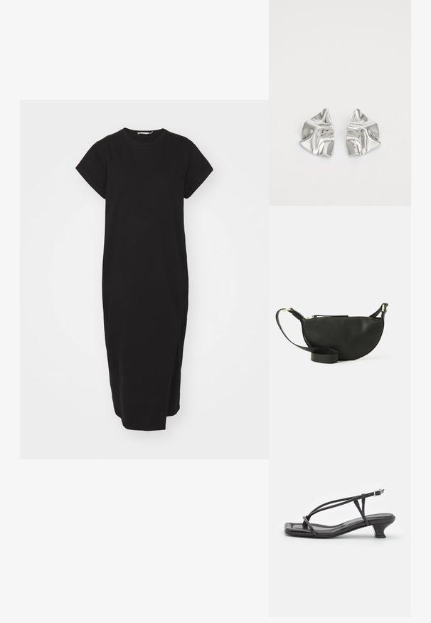 Černé bavlněné šaty s krátkými rukávy, kulatým výstřihem a rovnou siluetou. Mají boční rozparky pro usnadnění pohybu.; Černé kožené sandály s tenkými pásky, nízkým blokovým podpatkem a čtveratou špičkou. Obsahují přezku a mají hladkou texturu.; Černá kožená taška přes rameno ve tvaru půlměsíce, texturovaný povrch, zlatý zip a plochý popruh. Kompaktní design vhodný pro nezbytnosti.; Stříbrné kovové náušnice s vlnitým, sochařským designem s leštěným povrchem a nepravidelnými tvary, které zdůrazňují moderní estetiku.