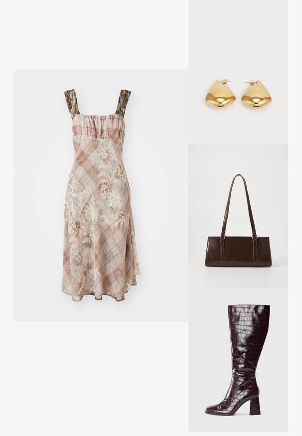 Ružové šaty s kvetinovým vzorom, s volánkovým výstrihom a ramienkami. Stoff má priesvitnú textúru s károvaným dizajnom.; Tmavobordové čižmy po kolená s krokodílou textúrou a blokovým podpätkom na bielom pozadí, zobrazené zboku.; Hnedá lakovaná kožená kabelka s obdĺžnikovým tvarom, dvoma dlhými rúčkami a jemne zakrivenými akcentami na prednej strane.; Náušnice z kovu v zlatej farbe s hladkým, zaobleným trojuholníkovým tvarom a dizajnom na zapichovanie; reflexný povrch s minimálnymi detailmi.