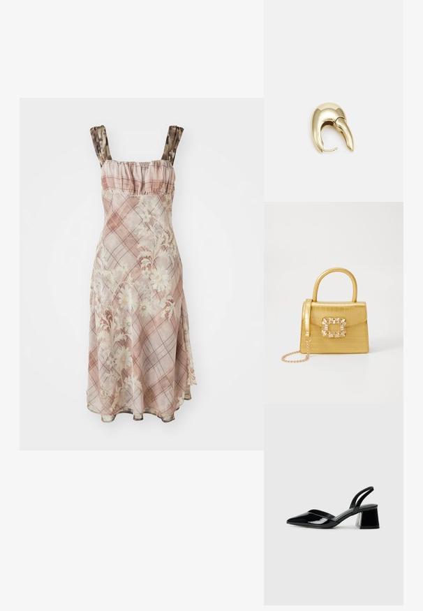 Roosa lillemustriga kleit, millel on volditud kaelus ja spagetirihmad. Kanga tekstuur on õhuline ja kontrollmustriga.; Mustad musta lakknahk kingad, millel on terav varvas ja geomeetriline plokkkonts. Omab elegantselt minimalistlikku disaini ja sujuvat tekstuuri.; Kollane faux-krokodilli käsipindaga kott, millel on struktureeritud disain, ülemine käepide, eemaldatav kettmass ja dekoratiivne kristallkaunistus klambril.; Kuldtooni metallist kõrvarõngas, millel on elegantne ja kaarjas disain. Omab silmapaistvat teravat kuju, poleeritud pinda ja hingesulgemist.