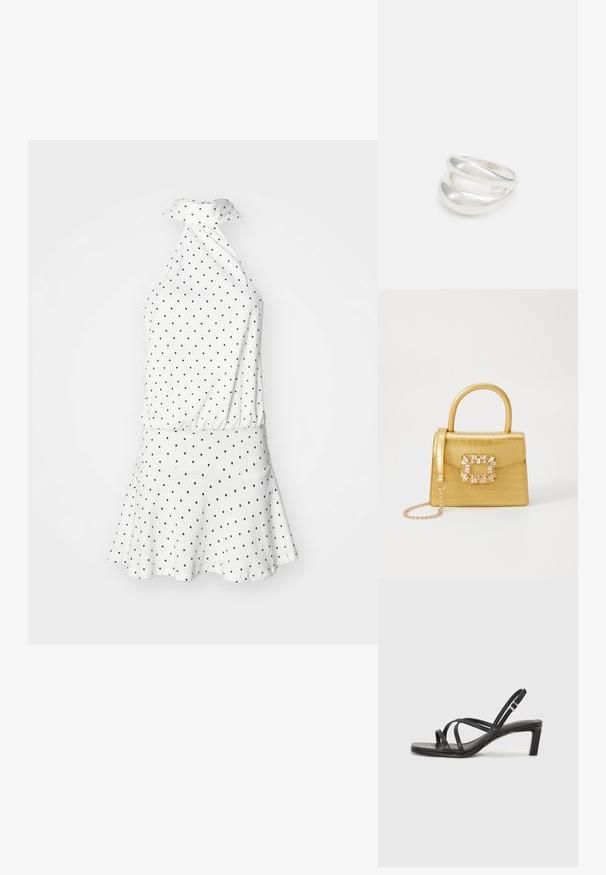 Balti halterio suknelė su juodais taškeliais, platėjanti sijonas ir susirinkusi talija. Minkšta medžiaga su lygiu tekstūra. Susiriša ant kaklo.; Juodi šlepetės su kvadratiniu pirštu ir žemu bloku kulnu. Yra keli ploni dirželiai ir reguliuojamas kulkšnies diržas. Pagaminti iš lygios odos.; Geltonas dirbtinės krokodilo odos rankinukas su standžiu dizainu, viršutine rankena, nuimamu grandininiu dirželiu ir dekoratyviniu krištolo papuošimu ant užsegimo.; Sidabrinis dvigubas žiedas su lygiu, poliruotu paviršiumi. Pasižymi sklandžiu, kreiptu dizainu su persipinančiomis dalimis, suteikiančiomis modernų išvaizdą.