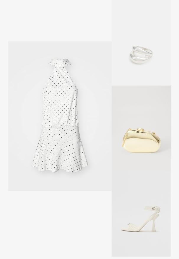 Balta halter kleita ar melniem punktiņiem, izplestais svārku dizains un savilkta josta. Mīksta auduma, ar gludu tekstūru. Saistās ap kaklu.; Balti ādas striķu augstpapēžu sandales ar elegantu dizainu, caurspīdīgu blokveida papēdi un dekoratīvu elementu pirksta daļā.; Metāliska zelta maciņš ar gludu, noapaļotu formu, aprīkots ar augšējo pogu aizdari un mazu ķēdes siksniņu ērtai nēsāšanai.; Sudraba divu joslu gredzens ar gludu, pulētu virsmu. Iezīmējas ar plūstošu, izliekta dizaina struktūru ar pārklājošām sekcijām modernam izskatam.