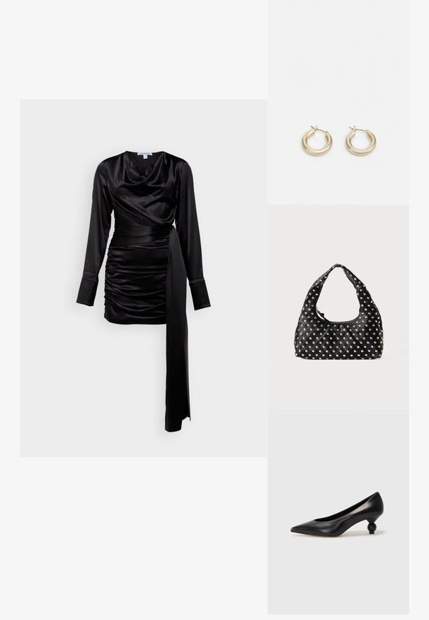 Melnas satīna kleitas ar garajām piedurknēm, barokāla dekoltē, drapējuma detaļām un sasietu jostu. Gluda tekstūra ar piegulošu piegriezumu, izceļot formas.; Melnas ādas augstpapēžu kurpes ar smailu purngalu un apaļu papēdi. Gluda tekstūra ar elegantu, minimālistisku dizainu.; Melna ādas somiņa ar izliekto rokas, kurai ir metāla radziņu raksts, vienmērīgi izvietots pa virsmu. Ar rāvējslēdzēju.; Lauren Ralph Lauren BASIC SMALL HOOP - Auskari - gold-coloured