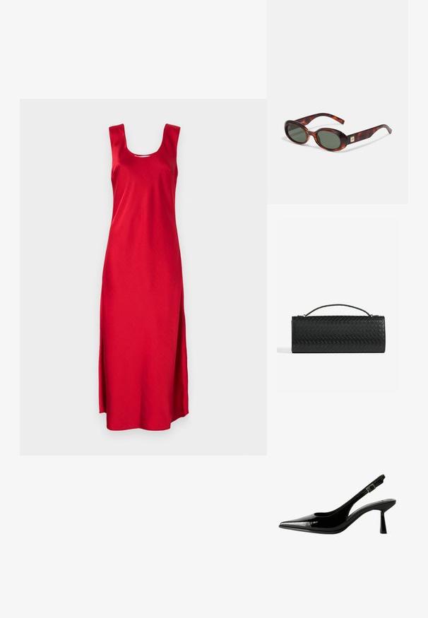 Rochie maxi fără mâneci, de culoare roșie, cu un decolteu pătrat și fante laterale. Realizată dintr-un material neted, având un design simplu și elegant.; Pantofi cu toc slingback din piele patent neagră, cu vârf ascuțit, laterale decupate, curea la gleznă ajustabilă și toc subțire, elegant.; Ochelari de soare cu model țestoasă, cu lentile întunecate, formă ovală și brațe late. Prezintă un mic accent auriu pe lateral. Material din plastic neted.; Geantă de mână din piele împletită neagră, cu o formă rectangulară, având un mânere subțire și accente subtile din aur.