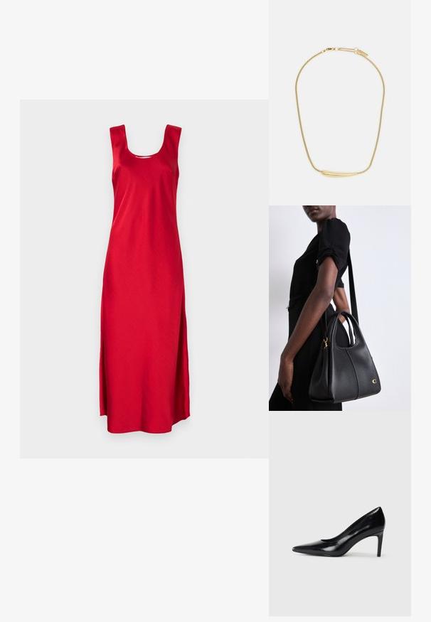 Červené maxi šaty bez rukávov so štvorcovým výstrihom a bočnými rozparkami. Vyrobené z hladkej tkaniny, ktorá ukazuje jednoduchý, elegantný dizajn.; Čierna kožená vysoká topánka s ihlovým podpätkom a špičatou špicou, hladkou textúrou a zúženým podpätkom. Minimalistický dizajn, bez ďalších ozdôb.; Čierna kožená kabelka v tvare hobo, s hladkým povrchom, zaobleným vrchom a zlatými kovovými doplnkami.; Zlatom pozlátený náhrdelník s hladkým, zakriveným centrálnym akcentom. Obsahuje flexibilný reťaz s karabínkovým zapínaním a ďalšími nastaviteľnými článkami reťaze.