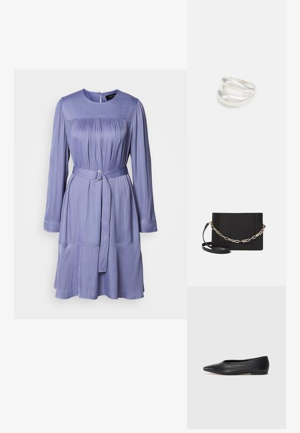 Lavender dress made of smooth fabric, featuring long sleeves, a belted waist with a metallic ring, and gathered detailing at the bodice.; Black leather ballet flat, pointed toe, minimalistic design, smooth texture, low-profile heel, no visible hardware or embellishments.; Black leather crossbody bag featuring a smooth texture, rectangular shape, and a metallic chain detail on the front. Adjustable strap included.; Silver double-band ring with a smooth, polished surface. Features a fluid, curved design with overlapping sections for a modern look.