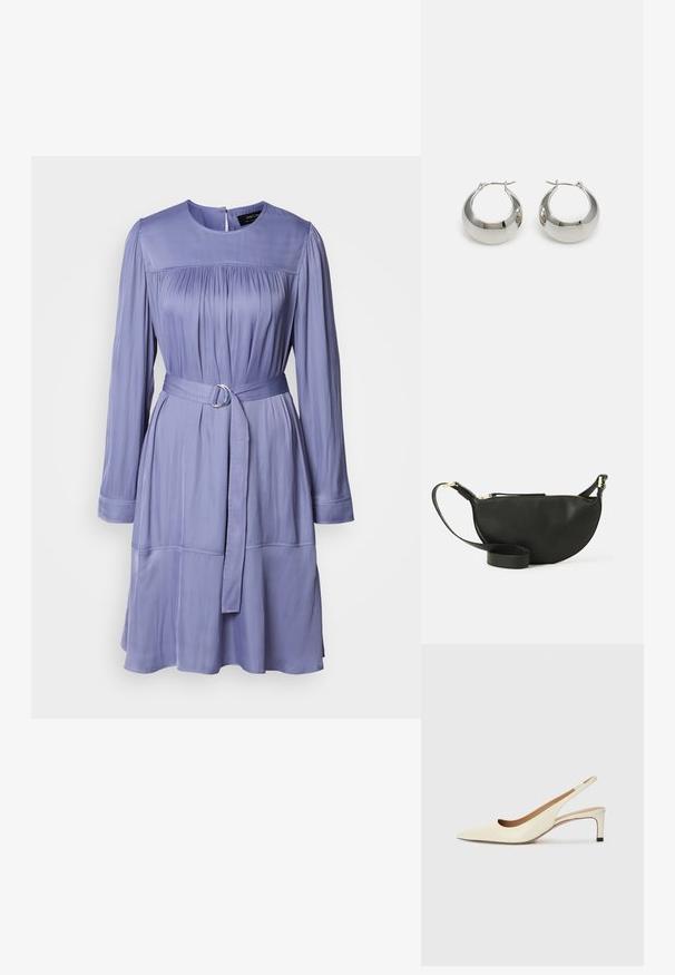 Lavender dress made of smooth fabric, featuring long sleeves, a belted waist with a metallic ring, and gathered detailing at the bodice.; Pointed-toe slingback shoe in off-white leather, featuring a low heel and cut-out design with a smooth texture and minimal accents.; Black leather crossbody bag with half-moon shape, textured surface, gold zipper, and a flat strap. Compact design suitable for essentials.; Silver metal hoop earrings with a smooth, shiny surface and a structured, rounded design. Features a hinged clasp for secure wear.