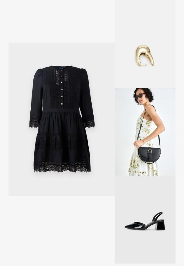 Crna haljina s dugim rukavima, gumbićima sprijeda, čipkastim detaljima i slojevitom dizajnom. Ima teksturirani donji rub i meku završnu obradu tkanine.; Crne lakirane kožne sandale s otvorenom petom i špicastim vrhom, s geometrijskom blok petom. Imaju elegantan, minimalistički dizajn i glatku teksturu.; Crna kožna torba s lukovitim oblikom, odvojivim remenom i zlatnim detaljima. Torba ima preklop s kopčom.; Zlatne metalne naušnice s elegantnim, zakrivljenim dizajnom. Imaju karakterističan šiljast oblik, poliranu površinu i zatvaranje na šarku.