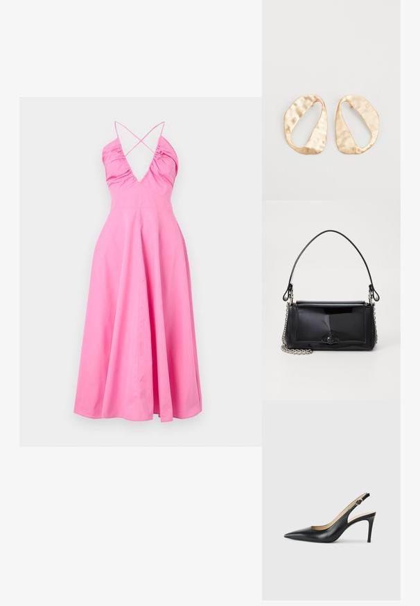 Roze maxi jurk met een diepe V-hals, gathered details en kruislings gespen op de rug. Gemaakt van een zachte stof, heeft het een vloeiende, uitlopende rok.; Zwarte leren slingback-hakken met een spitse neus, verstelbare band en een elegante stiletto-hak, met een gladde afwerking.; Zwart gepatineerd leren handtas met een rechthoekige vorm, kettingband en een opvallend hardwareaccent in het midden. Gladde textuur.; Een paar onregelmatig ovale, gouden metalen oorbellen met een gestructureerd, lichtgehamerd oppervlak op een witte achtergrond.