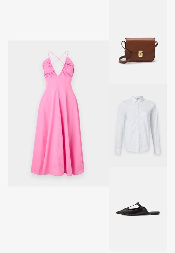 Różowa maxi sukienka z głębokim dekoltem w kształcie V, z marszczeniami i krzyżującymi się ramiączkami. Wykonana z gładkiego materiału, posiada zwiewną, rozszerzającą się spódnicę.; Biała koszula z długim rękawem wykonana z bawełny. Ma przód na guziki, kołnierz z wywiniętymi końcami oraz kieszonkę na piersi po lewej stronie.; Czarny skórzany but na odkrytej pięcie z pointed toe, ozdobiony plecionym akcentem i plisowanym wzorem górnej części. Płaska podeszwa z minimalnymi elementami.; Brązowa skórzana torebka na ramię z klapką, złotymi detalami, paskiem na ramię i gładką teksturą. Kompaktowy prostokątny kształt.