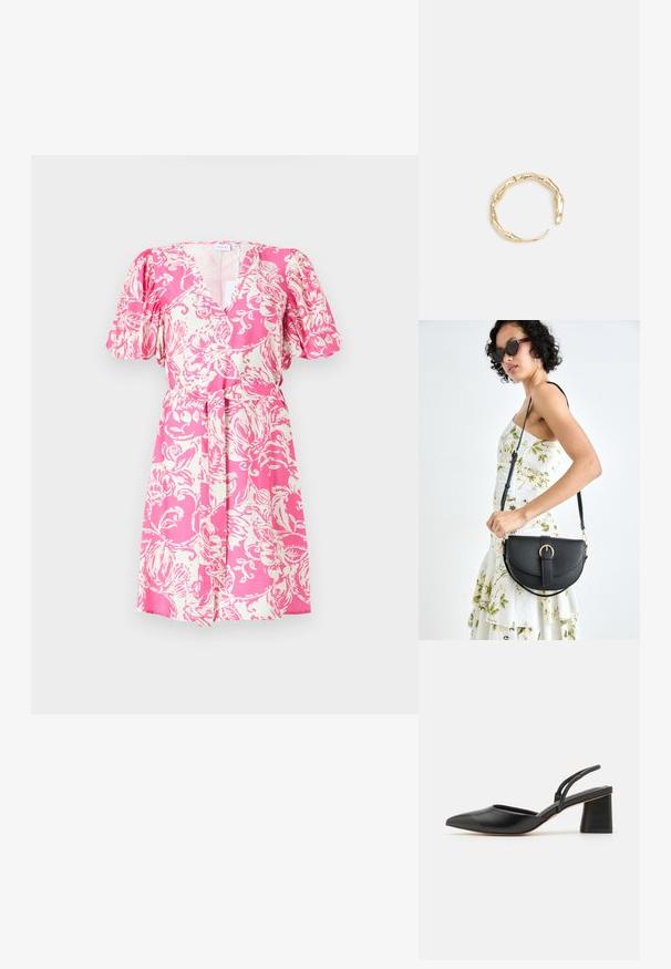 Kukkainen vaaleanpunainen mekko, jossa on V-kaula-aukko, puffihihat ja nauhavyö. Pehmeässä kankaassa on valkoinen kukkakuosi vaaleanpunaisella taustalla.; Musta kärkitossu, joka on valmistettu sileästä nahasta, ja jossa on matala lohkaremmikorko sekä ohuet hihnat takana tukevan istuvuuden takaamiseksi.; Musta nahkainen käsilaukku, joka on kaareva muotoilultaan, irrotettavalla hihnalla ja kultaisilla yksityiskohdilla. Laukussa on läppä, jossa on solk yksityiskohta.; Kultaketju, jossa on orgaaninen, kierretty muotoilu, sileä pinta ja cappatut päät, luoden modernin, veistoksellisen ilmeen.