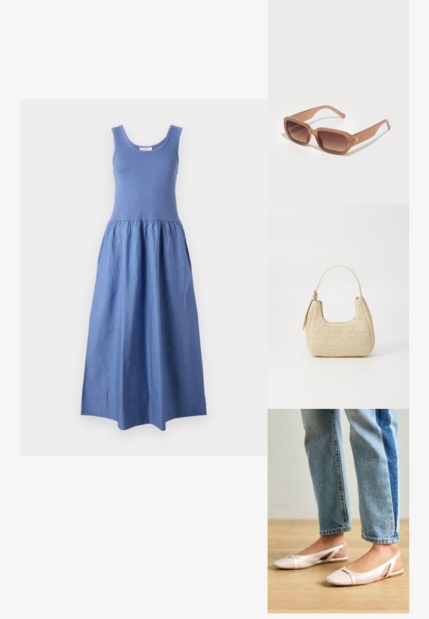 Rochie maxi fără mâneci, de culoare albastră deschisă. Pe partea de sus se potrivește bine, cu un guler rotund, iar fusta este vaporoasă și plisată, confecționată dintr-un material ușor.; Sandalete plate de un roz pal cu vârf ascuțit, realizate dintr-un material asemănător pielii, neted. Prezintă detalii decupate pe laterale și un toc plat.; Ochelari de soare dreptunghiulari maro cu lentile graduarate, rame groase și un detaliu cu logo pe lateral. Material plastic neted, design minimalist.; Geantă din paie împletit în nuanțe bej, cu o formă curbată, un mâner scurt și un fermoar pe lateral. Prezintă o suprafață texturată și un design minimalist.