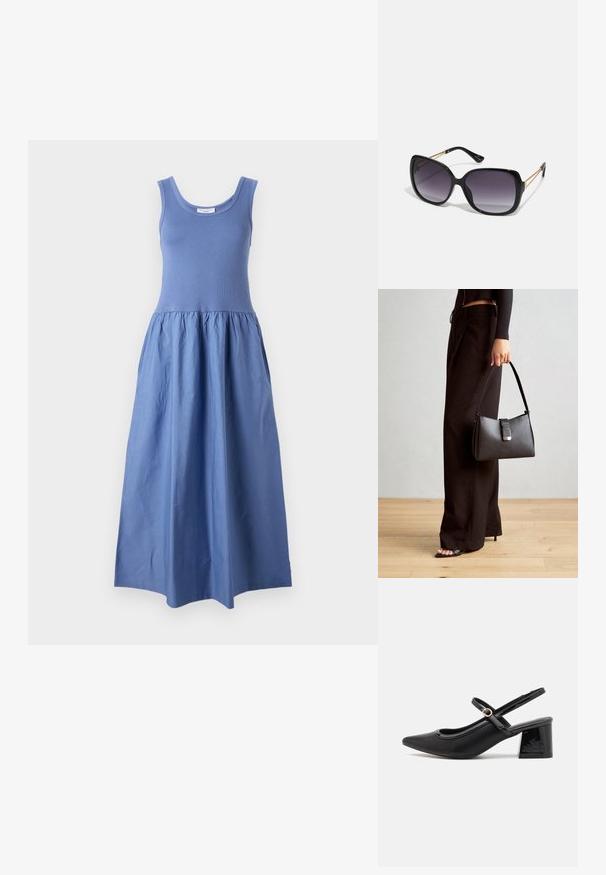 Bez piedurknēm, garā zila kleita. Pieguļošs augšdaļa ar apaļu kakla izgriezumu, plūstoša, plīvojoša svārku daļa, kas izgatavota no viegla auduma.; Melns patentēts ādas sandales ar norādīta pirksta formu, noapaļotu izgriezuma dizainu un bloķētu papēdi. Iezīmēta ar zelta toņa sprādzi.; Melni pārmērīgi lieli saulesbrilles ar gradāciju lēcām, biezām rāmja malām un zeltainas krāsas ķēžu detaļām uz tempļiem.; Melnā somiņa ar strukturētu formu, gludu tekstūru un metālu sprādzi. Saskaņota ar platām melnām biksēm un sandālēm ar atvērtu purngalu uz koka grīdas.