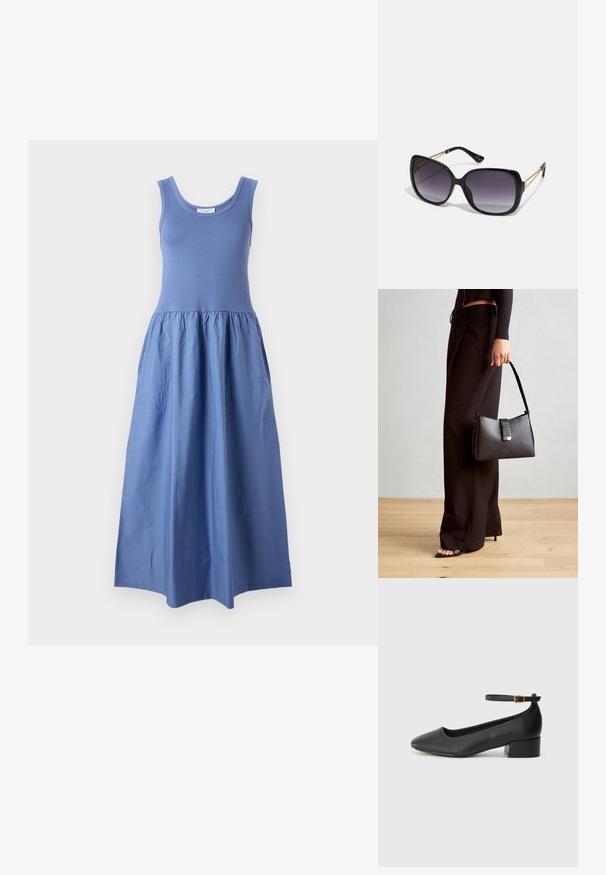 Maksijska haljina bez rukava u svijetloplavoj boji. Uzkostruk gornji dio s okruglim izrezom, lepršava suknja s naborima napravljena od laganog materijala.; Crne kožne pumpe s oštrim vrhom i niskom blok petom. Sadrže remen oko gležnja s zlatnim kopčanjem. Glatka tekstura.; Crne prevelike sunčane naočale s gradijentnim lećama, debelim okvirom i zlatnim lancem kao detaljem na krakovima.; Crna torba s oblikom koji sadrži strukturu, glađu teksturu i metalnu kopču. Uparena s širokim crnim hlačama i sandalama na otvorenom s drvenog poda.