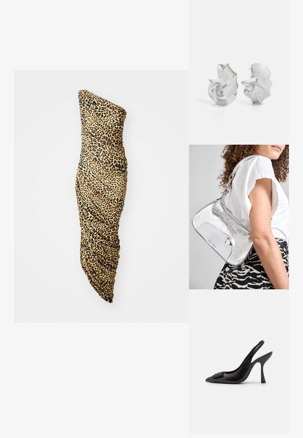 Félvállas ruha puha anyagból, leopárdmintás barna, fekete és világosbarna színekben, egy oldalon redők díszítik.; Fekete bőr pántos cipő hegyes orral, karcsú magas sarkával és dekoratív masnival. Simaság és elegáns dizájn.; Ezüst fémes válltáska sima felülettel, ívelt formával, lánchordóval, és egy fényes elülső panellel, amelyen finom logógravírozás található.; Ez egy ezüst fülbevaló, amely áramló, spirális formatervezéssel rendelkezik. Simább textúrájú, fényes felületű. Diszkrét fényt biztosít, és nincsenek látható díszítések.