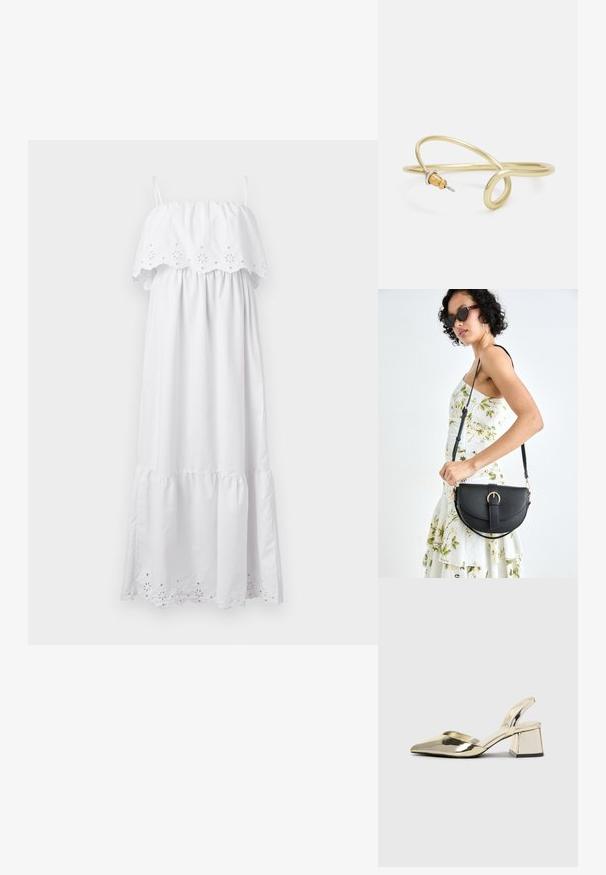 Balts maksi kleita ar elastīgu plecu virsotni, izšūti ziedu elementi un slāņota volāna apakšdaļa. Izgatavota no viegla auduma.; Zeltaini, metāla kurpes ar siksniņām, norakans purngalis un masīla papēdis. Gluda tekstūra, minimālisma dizains un šaura siksna.; Melnas ādas rokassoma ar izliekta formu, noņemamu siksnu un zelta aksesuāriem. Somai ir vāciņš ar sprādzes detaļu.; Zelta krāsas metāla aproce ar šķidrām, viļņveidīgām formām. Vienā galā ir neliels, izteikts sudraba krāsas akcents.