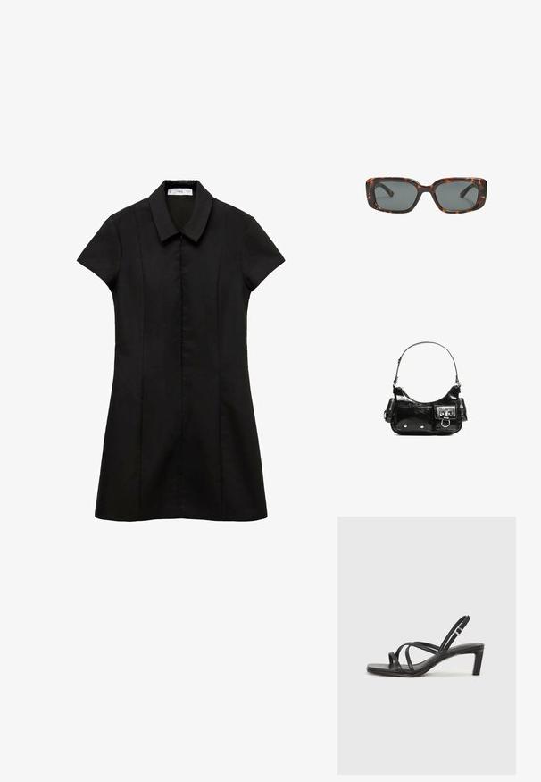 Čierne šaty s krátkym rukávom a golierom, s priliehavým telom a rozšírenou sukňou. Vyrobené z hladkej tkaniny s čistým, minimalistickým dizajnom.; Čierne sandále na vysokom podpätku so štvorcovou špičkou a nízkym blokovým podpätkom. Obsahujú viacero tenkých popruhov a nastaviteľný členkový popruh. Vyrobené z hladkej kože.; Rámiky slnečných okuliarov v štýle korytnačiny s obdĺžnikovými šošovkami, hrubými rámami a tmavými tónovanými šošovkami. Hladký povrch a minimalistický dizajn.; Čierna laková kožená kabelka s ohnutým tvarom, jedným ramenným popruhom, prednými vreckami a striebornými kovovými doplnkami.