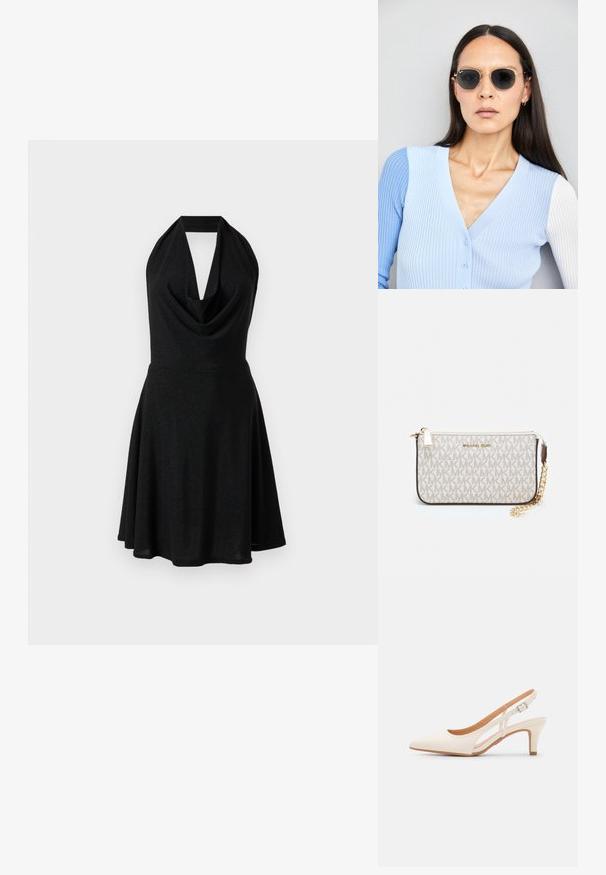 Fekete pánt nélküli ruha, köpönyegnyakú, testhez álló bodiccével és bővülő szoknyával. Csillogó, textúrált anyagból készült.; Fehér slingback sarok, hegyes orral, sima felső anyaggal, alacsony blokk sarkával és oldalsó kivágott dizájnnal, állítható csatpánttal.; Kerek napszemüveg sötét lencsékkel és arany kerettel. A modellen világoskék, bordázott kardigán van gombokkal és kontrasztos fehér ujjaival.; Michael Kors bézs bevonatos vászon karkötő, amely ismétlődő MK logó mintával, aranyszínű fémrészletekkel és levehető lánchordóval rendelkezik.
