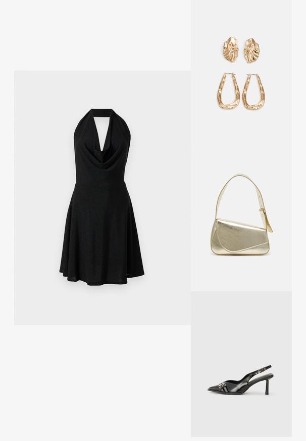Črna obleka s halter izrezom, prilagojenim telom in razširjenim krilom. Narejena iz sijočega, teksturiranega blaga.; Črne patentne usnjene sandale s koničastim nosom, zankami okoli gležnja s srebrnimi sponkami in opremo ter vitkimi petami.; Zlata metalna torbica z urejenim dizajnom, gladko teksturo in nastavljivim trakom. Ima edinstveno trikotno obliko in minimalistično šivanje.; Zlato obarvani uhani z teksturiranimi, valovitimi oblikami. Vključujejo skulpturalne sponke za ušesa in odprto obliko obročka s kladivastim finišem.