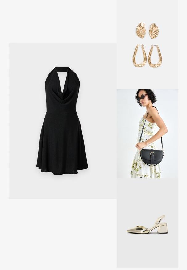 Crna halter haljina s izrezom u obliku kapice, prilagođenim gornjim dijelom i raširenom suknjom. Izrađena od sjajnog, teksturiranog materijala.; Zlatni metalik slingback sandali s šiljatim vrhom i debelim potpeticama. Glatka tekstura, minimalistički dizajn i uski remen.; Crna kožna torba s lukovitim oblikom, odvojivim remenom i zlatnim detaljima. Torba ima preklop s kopčom.; Naušnice zlatne boje s teksturiranim, valovitim oblicima. Uključuju skulpturalne kopče i dizajn otvorene kružnice s kovanom završnom obradom.