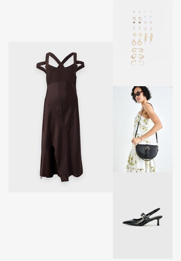 Rudas satino suknelė su prigludusia liemene ir kryžminiais petnešomis. Yra tekanti, asimetriška apykaklė ir lygi, minkšta tekstūra.; Juodai lakuoti slingback aukštakulniai su smailiu kojų pirštu ir mažais blokiniais kulniukais, su sidabro sagtimi ant dirželio.; Juodas odinis krepšys su išlenkta forma, nuimamu dirželiu ir auksiniais detalėmis. Krepšys turi kilpą su sagtimi.; Auksiniai auskarai su įvairiais dizainais, įskaitant studus, žiedus ir kabančius modelius su perlų ir kristalų akcentais.