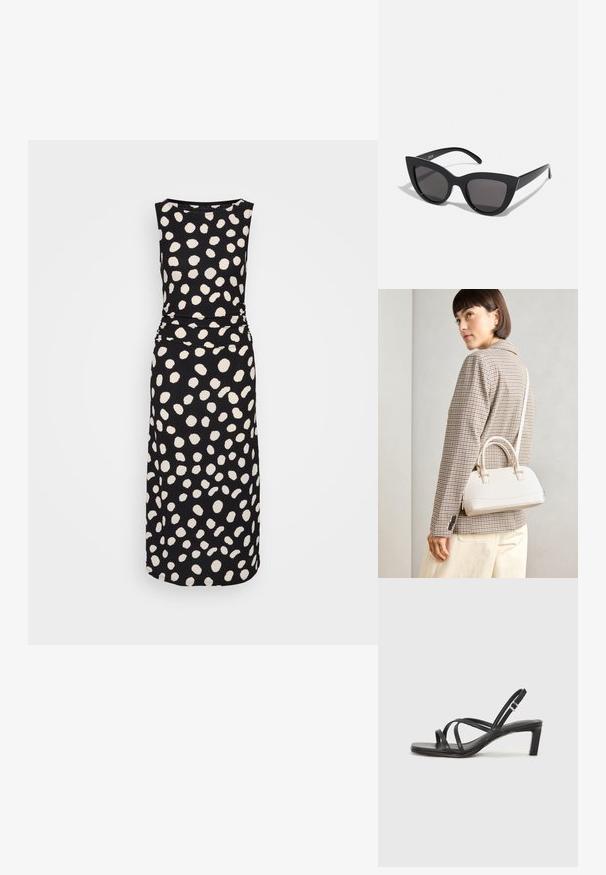 Ujjatlan fekete midi ruha kerek nyakkivágással, illeszkedő derékrésszel és szabálytalan, nagy fehér pöttyös mintával.; Fekete pántos szandál négyzetes orral és alacsony blokk sarkal. Több vékony pánttal és állítható boka pánttal rendelkezik. Sima bőrből készült.; Fekete macskaszem napszemüveg matt felülettel, szürke árnyalatú lencsékkel, éles vonalakkal és karcsú oldalsó karokkal. A márkaneve látható a belső karon.; Fehér, strukturált kézitáska rövid füllel és vállpánttal, arany színű fém kiegészítőkkel és texturált anyagból, szürke háttér előtt bemutatva.