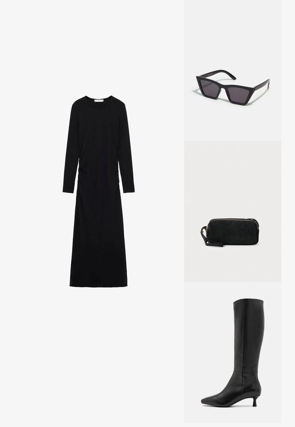 Črna obleka z dolgimi rokavi iz mehke tkanine, ki ima okroglo ovratnik in naborke na straneh, kar ustvarja oprijet silhueto.; Zign Škornji - black; Črne, angularne sončne očala z sivimi lečami; izdelana iz plastike, imajo debele ročke z gladko površino in brez vidne opreme.; Črna semiš torbica z zadrgo in odstranljivim zapestnim trakom. Ima zlate kovinske dodatke in gladko, mat površino.