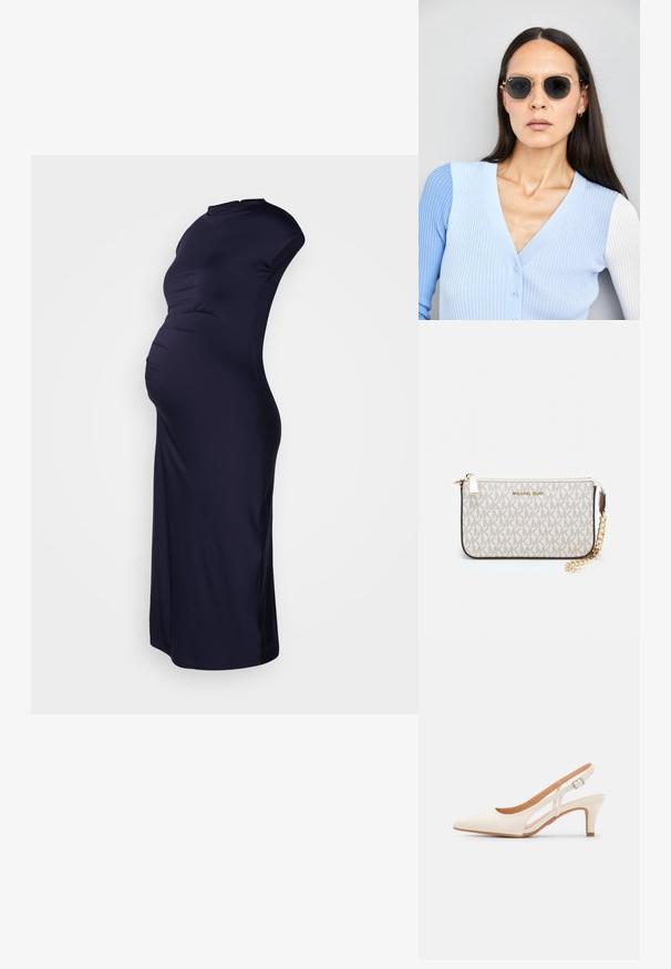 Tamsiai mėlyna nėščiųjų suknelė su prigludusia siluetu, trumpomis rankovėmis ir šoniniu raukimu, kad būtų patogu auginančiai pilvuką. Lygus audinio tekstūra.; Balti slingback kulniukai su smailiu pirštu, lygia viršutine medžiaga, žemu blokuotu kulnu ir šoniniu išpjovimu su reguliuojamu sagtimi.; Apskriti saulės akiniai su tamsiais objektyvais ir auksiniais rėmeliais. Modelis vilki šviesiai mėlyną, raukinį kardiganą su mygtukais ir kontrastingomis baltomis rankovėmis.; Michael Kors rankinė smėlio spalvos dengto kanvoje su pakartotiniu MK logotipo raštu, auksinėmis detalėmis ir nuimamu grandininiu dirželiu.