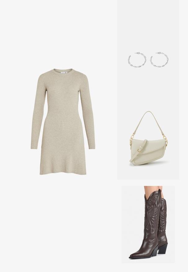 Beez ribakudum dress pikka varrukatega, ümar kaelus ja lõdva istuvusega. Omab külgsuiseid liikumisvabaduse ja tekstuuri jaoks.; Pruunid nahast cowboy saapad terava varbaga ja plokk-kandaga, millel on detailne tikand ja kergelt tõstetud aktsendid varrel.; Väike kreemjas käekott tekstureeritud viimistlusega, pikendatav rihm, ketiläbimõõt ja klapiga sulgemine. Kuldsed metalldetailid.; Hõbedased rõngaskõrvarõngad keerutatud disainiga, millel on poleeritud viimistlus ja posti-tagune sulgemine. Diameeter umbes 3 cm.