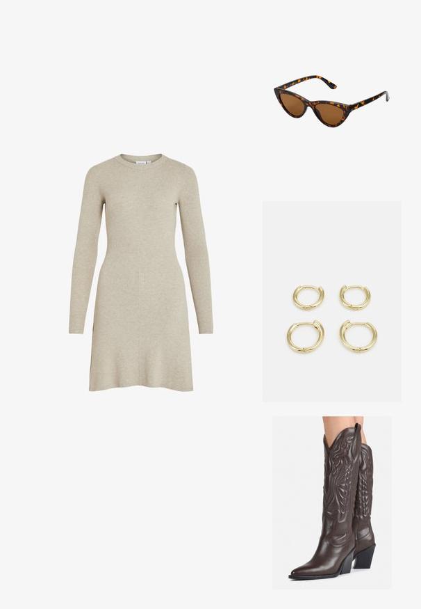 Bežīga ribota adīta kleita ar garām piedurknēm, apaļu kakla izgriezumu un brīvu piegriezumu. Iezīmēšanos sānos, lai nodrošinātu ērtu kustību un tekstūru.; Brūni ādas kovboju zābaki ar norādītu purngalu un blokveida papēdi, ar detalizētu šūšanu un paceltiem akcentiem uz kājas daļas.; Kaķa acs saulesbrilles ar melnu un oranžu bruņurupuču rakstu rāmi, brūnām lēcām un elegantiem, norādītiem galiem. Rāmī ir minimālists logos uz tempļa.; Zelta gredzenu auskari, četri gabali, gluda virsma, noapaļota forma, dažādu izmēru, ar eņģu aizdari ērtai valkāšanai.