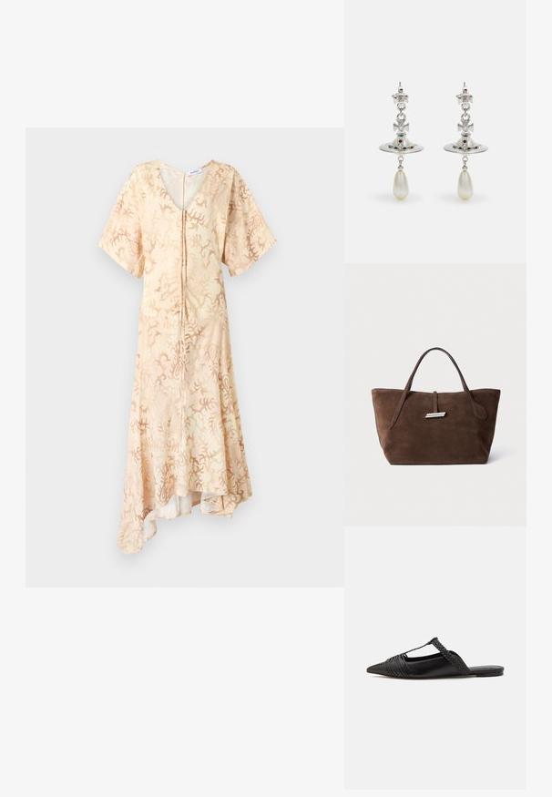 Vartaloa myötäilevä, lyhythihainen, V-pääntie mekko vaaleassa beigeissä kankaassa, jossa on abstrakti koralli kuvio. Mekossa on napitus edessä ja epäsymmetrinen helma.; Musta nahkasandaali, jossa on terävä kärki, somistettuna kudotulla yksityiskohdalla ja pleatatuilla yläosilla. Litteä pohja, jossa on vähäisiä tarvikkeita.; Ruskea mokkanahkainen kassi, jossa on kaksi pehmeää kahvaa, pystysuora hihna hopeakoristeella ja leveä, avoin yläosa. Sileä pinta, minimalistinen muotoilu.; Hope hopea, jossa on pyöreä muoto, koristeltu kimaltavilla kivillä ja tipan muotoisella helmipendaatilla. Erityinen muotoilu monimutkaisilla yksityiskohdilla.